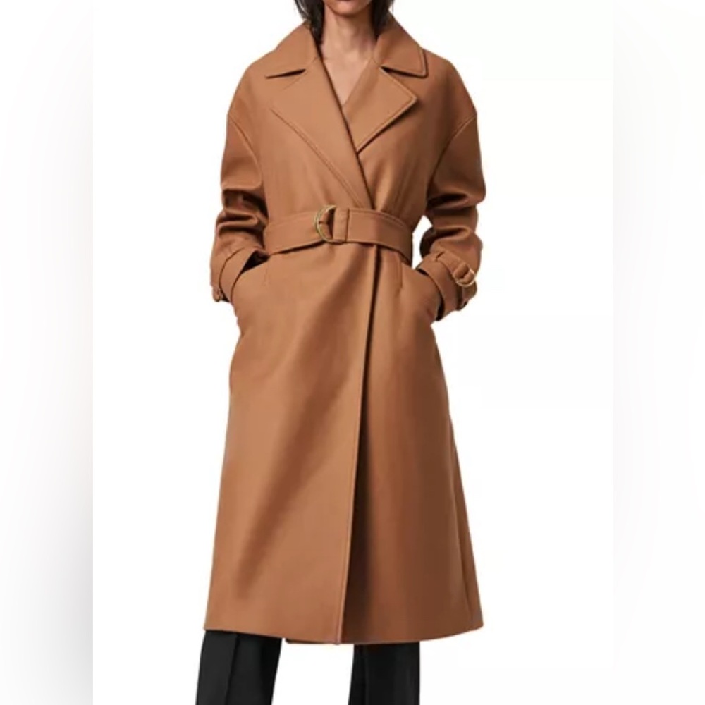 All Saints Wilma Camel Wool Blend Trench / Car Coat Sz US 8 / EU 40